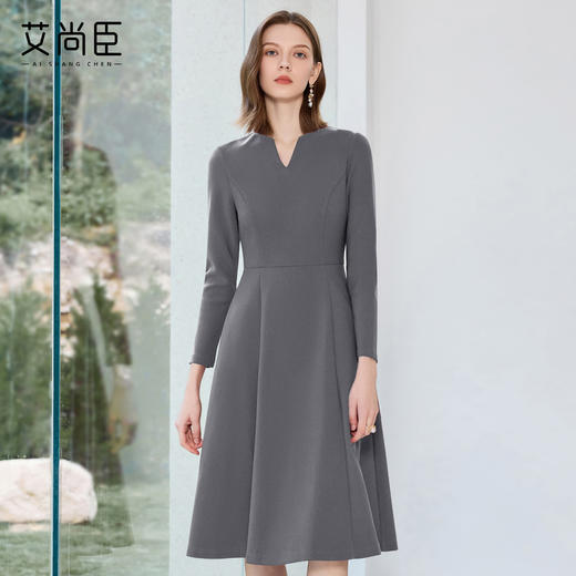 艾尚臣灰色职业连衣裙女气质设计感职业装优雅裙子正式场合工作服 商品图0