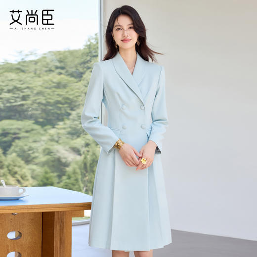 艾尚臣2025新款高级感通勤蓝色连衣裙气质优雅主持人美容院工作服 商品图2