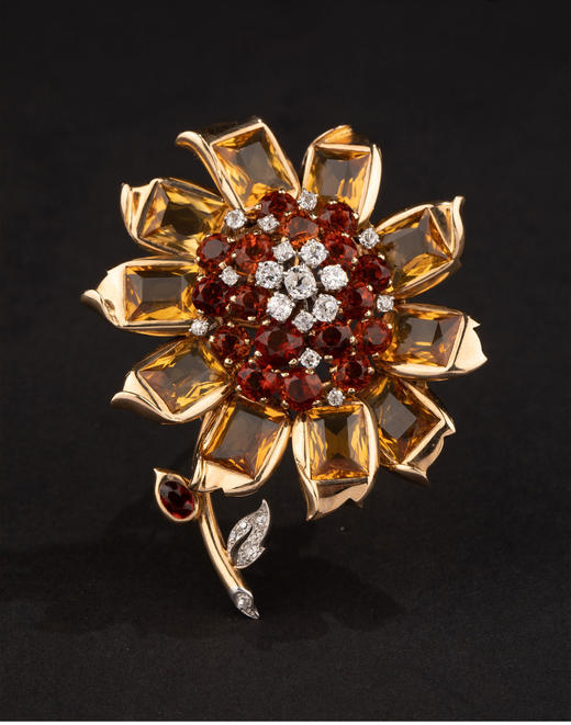 独角鹿西洋古董 1940年代出品18k黄金镶嵌黄水晶及钻石「向日葵」主题胸针 商品图1