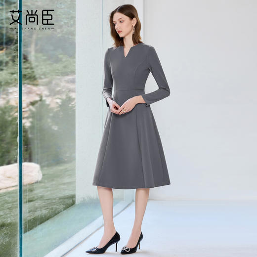 艾尚臣灰色职业连衣裙女气质设计感职业装优雅裙子正式场合工作服 商品图1