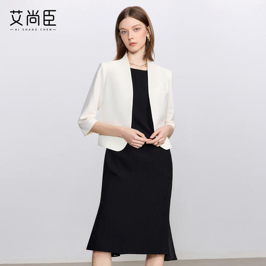 艾尚臣白色时尚套装女通勤无领小西服轻奢高级感西装连衣裙职业装 商品图2