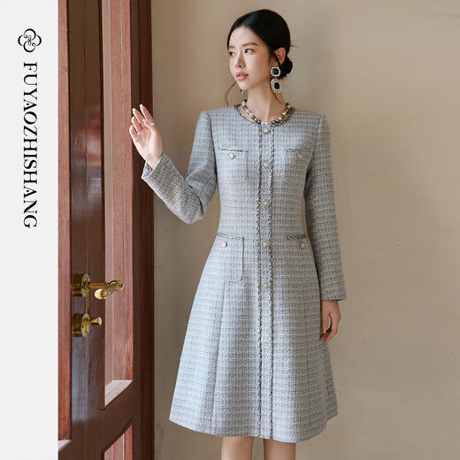 FUYAO扶摇 粗花呢小香风连衣裙女2025新款圆领长袖裙子通勤高级感 商品图3