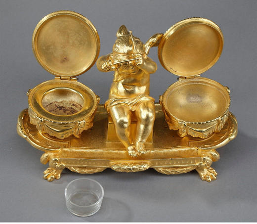 独角鹿西洋古董 19世纪法国出品路易十六风格铜鎏金雕饰小天使主题墨水台 商品图2