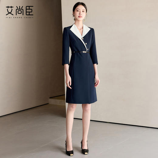 艾尚臣藏青色西装连衣裙高级感气质V领轻熟风连衣裙通勤职场正装 商品图2