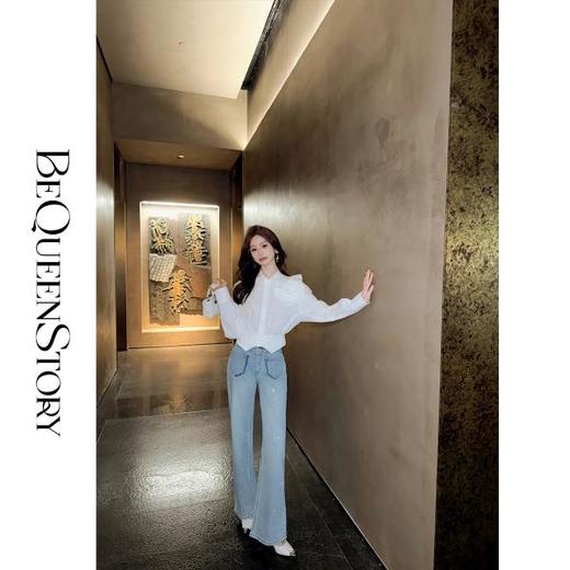 余潇潇【都市之星】时尚百搭拼接烫钻设计酵素水洗做旧直筒牛仔裤 商品图3