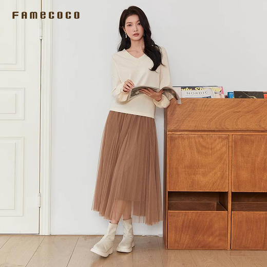 Famecoco范可儿套头针织衫纯色V字领简约百搭春秋新FAB6DD002 商品图3