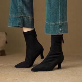 【预售5天】尖头高跟短靴女秋冬新款棕色麂皮绒面洋气裸靴弹力瘦瘦靴HB&8866