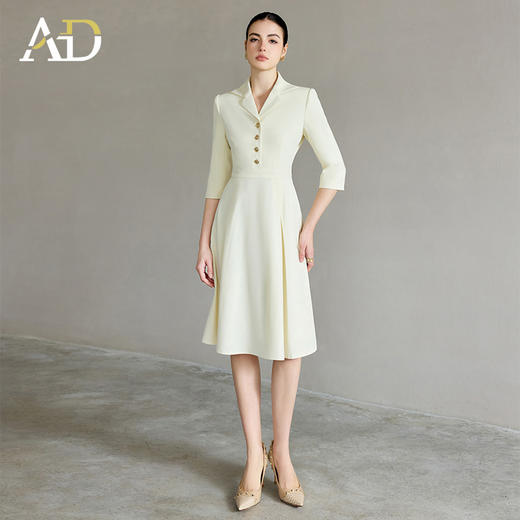 AD米色中袖连衣裙女气质名媛高端女神范高级感小翻领大摆西装裙子 商品图0