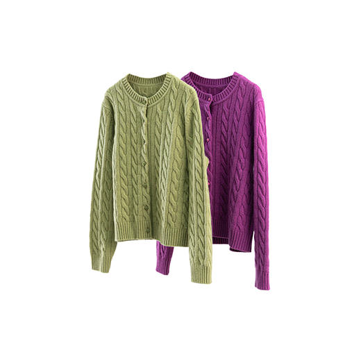 特绽放649朵/纯羊毛绞花圆领短款开襟毛针织衫女秋冬新款毛衣外套 商品图4
