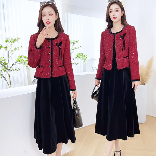 SZWY5336秋季小香风金丝绒两件套连衣裙女2025新款气质时尚实拍女装长裙子 商品图0