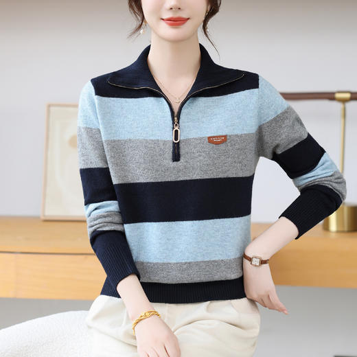 CC 28-1588慵懒风条纹针织衫半拉链翻领宽松毛衣上衣 商品图1