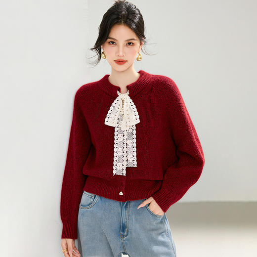 西遇毛衣开衫女高级感秋季新款法式蕾丝蝴蝶结系带针织外套SS051630 商品图0