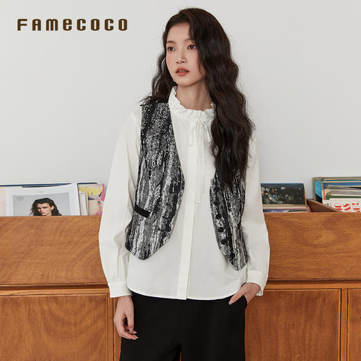 Famecoco范可儿马夹拼接系带V字领迷彩外穿马甲通勤女装春秋款FAB6CA022 商品图0