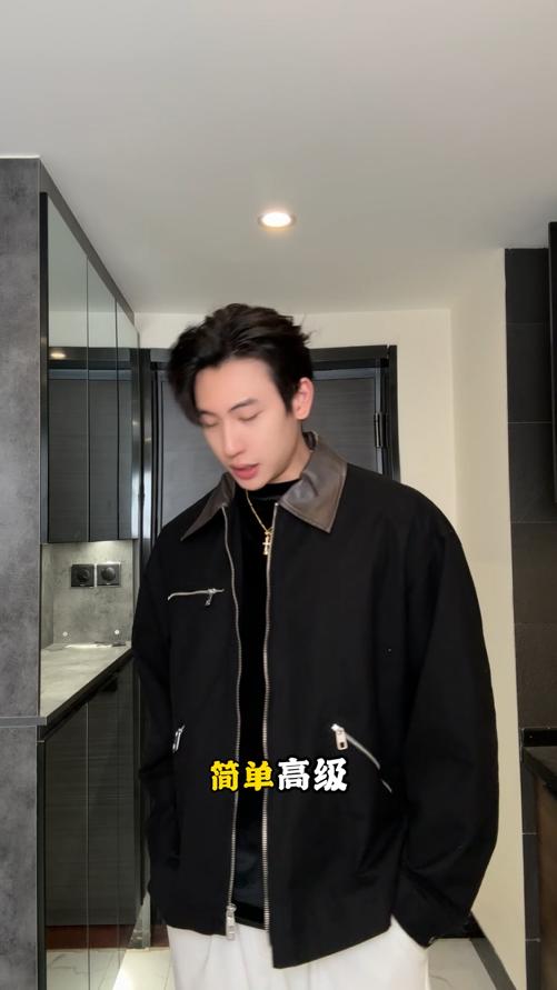 B2571SDSA男士秋冬新款痞帅男装美式拉链口袋拼皮翻领夹克百搭宽松外套 商品图0