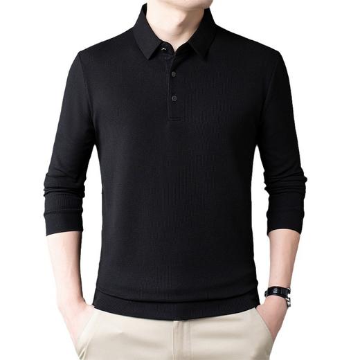 男士长袖t恤秋季新款纯色翻领华夫格POLO衫中青年休闲体恤 商品图4