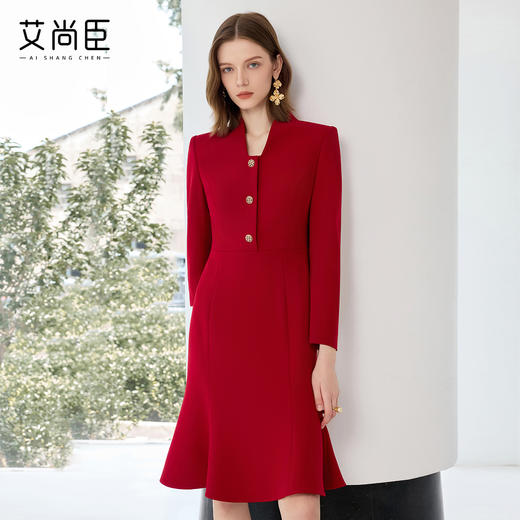 艾尚臣红色连衣裙女轻奢高级感轻熟风鱼尾裙通勤职业主持人西装裙 商品图2