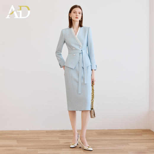 AD时尚气质套装女秋冬高级感蓝色木耳边长袖外套上班通勤两件套 商品图3