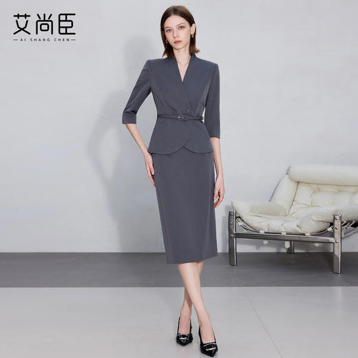 艾尚臣职业西装套装裙女秋深灰色职场西服正装上班通勤修身工作服 商品图2