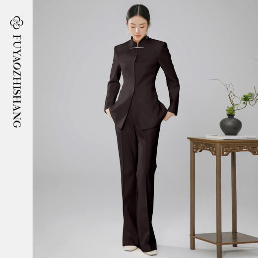 FUYAO扶摇 国风立领时尚套装女新中式气质西装两件套改良中山装秋 商品图0