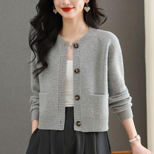 复古红色针织开衫，圆领短款显瘦百搭口袋毛衣长袖小外套CC-101-32122 商品图0