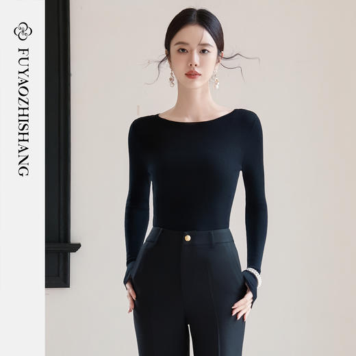 FUYAO扶摇 【100%绵羊毛】黑色显瘦打底衫女新款修身百搭针织衫冬 商品图2