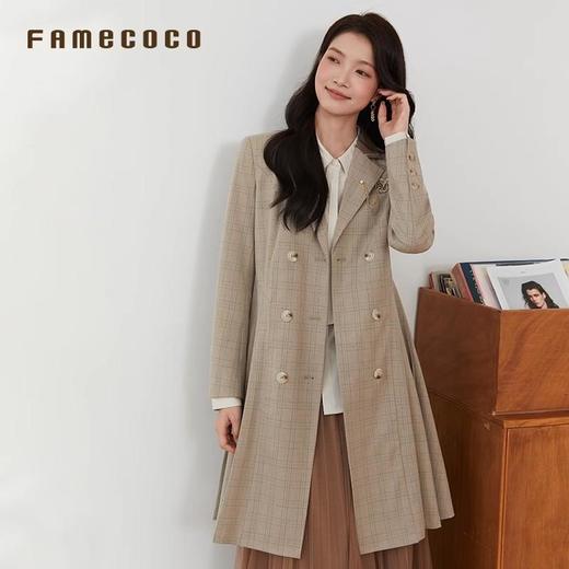 Famecoco范可儿英伦格纹风衣中长款学院风西装领外套FAB6AW006 商品图0