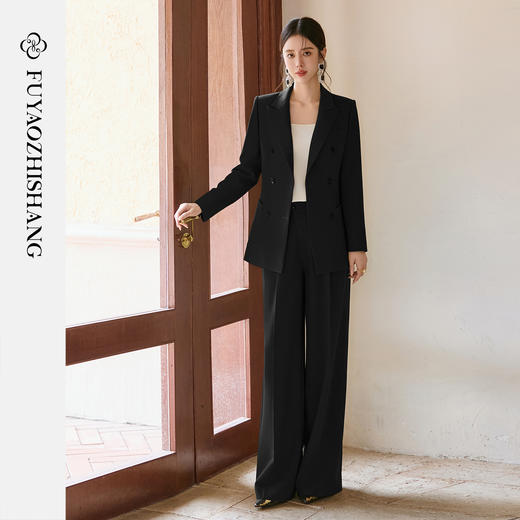 FUYAO扶摇 秋冬时尚套装女黑色双排扣阔版西装直筒裤高级感两件套 商品图1