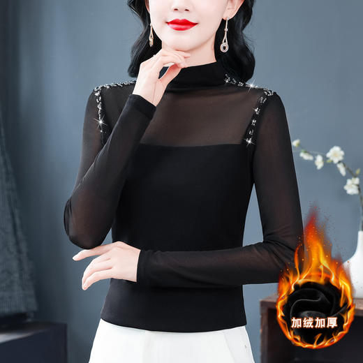 KQL 644G9217长袖网纱半高领拼接打底衫显瘦优雅气质上衣 商品图1