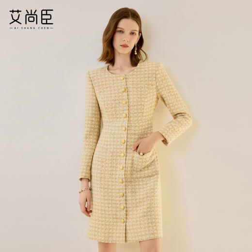 艾尚臣羊毛西装连衣裙女秋冬新款圆领粗花呢中长裙法式小香风裙子 商品图0