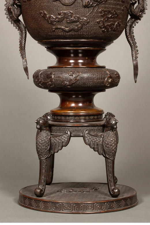 独角鹿西洋古董 19世纪末20世纪初日本明治时期出品祥龙纹双龙耳凤鸟四足铜雕大香炉 商品图3