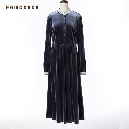 Famecoco范可儿优雅复古花边立领丝绒裙收腰连衣裙FAB6FA007 商品图3