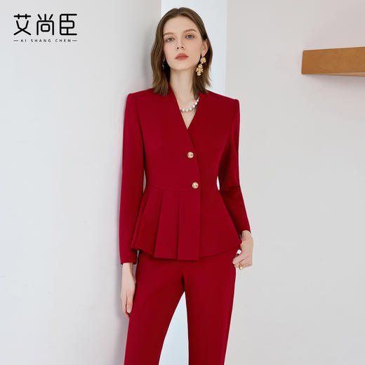 艾尚臣高级感职业套装女红色轻熟风通勤穿搭气质年会主持人工作服 商品图1