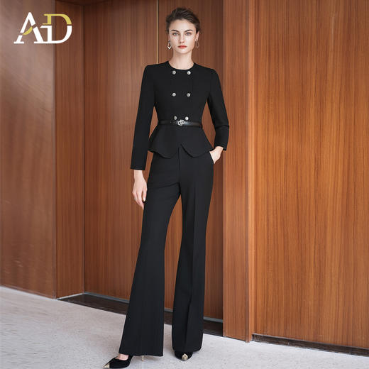 AD黑色双排扣西装外套女气质名媛高级感职业套装时尚气质微喇长裤 商品图1
