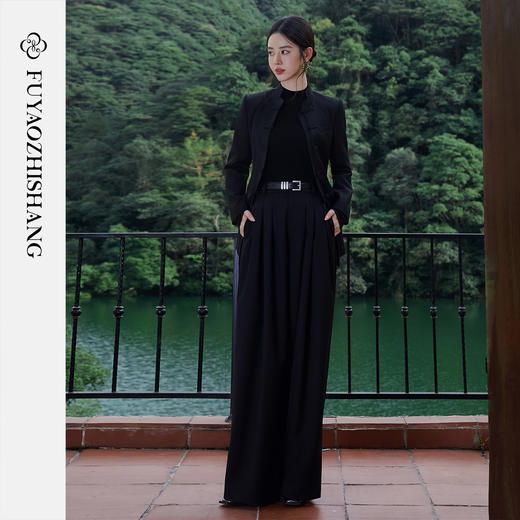 FUYAO扶摇 秋季新款高级感西装套装女国风对襟盘扣黑色西服两件套 商品图0