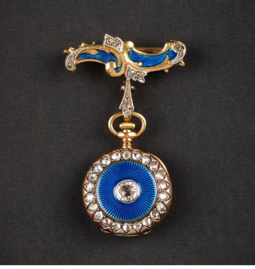 独角鹿西洋古董 20世纪初欧洲出品新艺术风格18K黄金镶嵌钻石蓝色玑镂珐琅怀表吊坠及胸针 商品图3