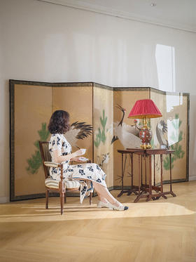 【已售】独角鹿西洋古董 20世纪日本大正时期出品「松鹤」主题纸本撒金六曲屏风