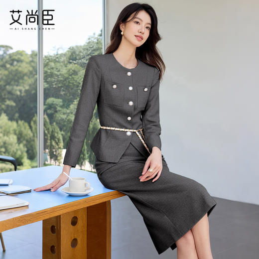 艾尚臣灰色高级感时尚套装气质百搭西装两件套讲师主持人工作服 商品图1