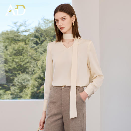 AD杏色衬衫女长袖春秋设计感小众飘带上衣法式V领职业装女士衬衣 商品图3