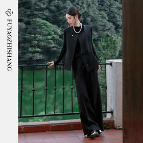 FUYAO扶摇 复古文艺 国风盘扣马甲两件套2025秋黑色醋酸时尚套装