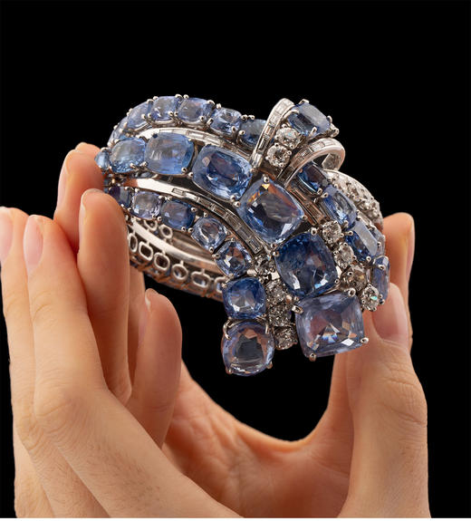 独角鹿西洋古董 1950年代美国出品铂金镶嵌钻石及蓝宝石手镯 商品图3