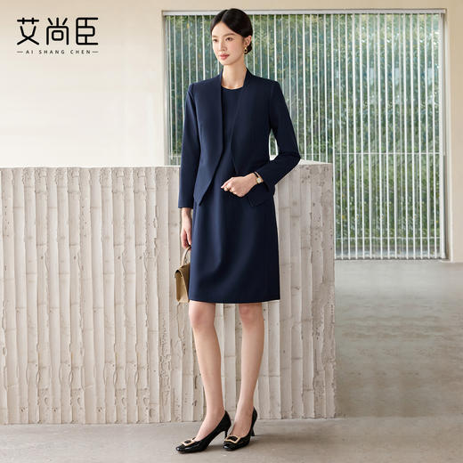 艾尚臣藏青色高级感时尚西装连衣裙气质商务修身显瘦两件套工作服 商品图1