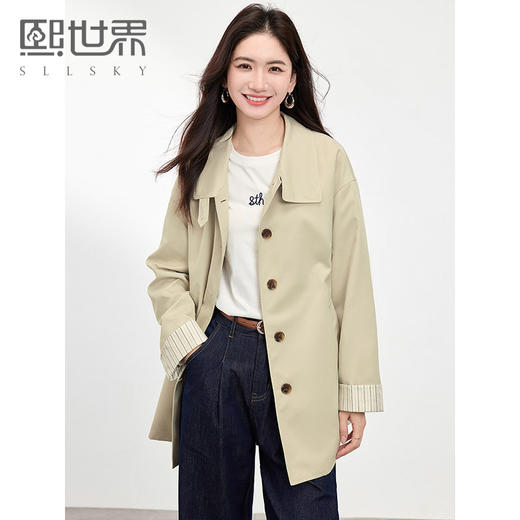 【专属特价】熙世界2025秋季新款英伦风衣外套女高级感休闲宽松卡其中长款大衣 商品图0
