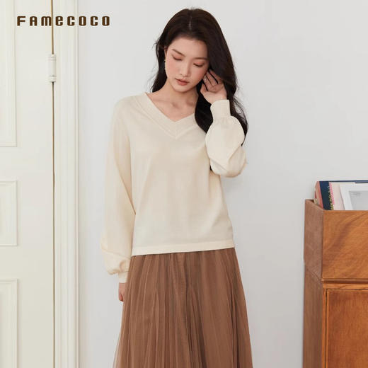 Famecoco范可儿套头针织衫纯色V字领简约百搭春秋新FAB6DD002 商品图2