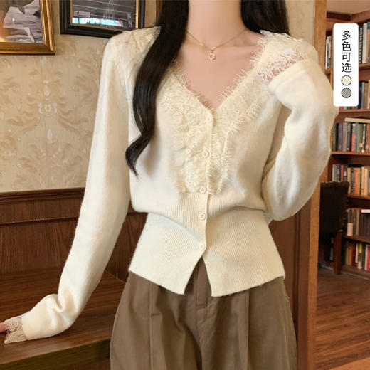 西遇韩系针织开衫女新款法式温柔V领蕾丝短款毛衣外套SS051620 商品图0