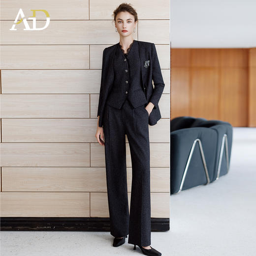 AD极简风宽肩廓形西装套装女高级感花灰色蕾丝西服三件套职业装 商品图0