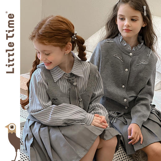 littletime女童套装2025秋冬新款儿童洋气条纹衬衫背心半裙三件套 商品图1