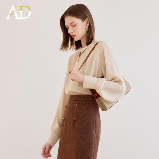 AD法式独特绝美上衣女设计感圆领扭结灯笼袖衬衫气质温柔杏色长袖 商品图3