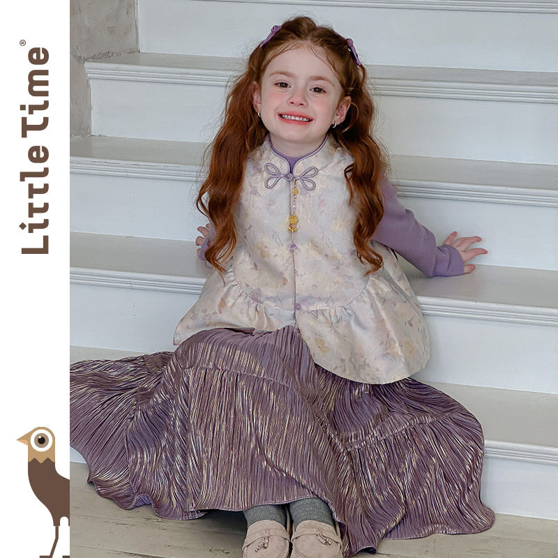 littletime女童套装2025新款中秋儿童新中式国风马甲半身裙三件套