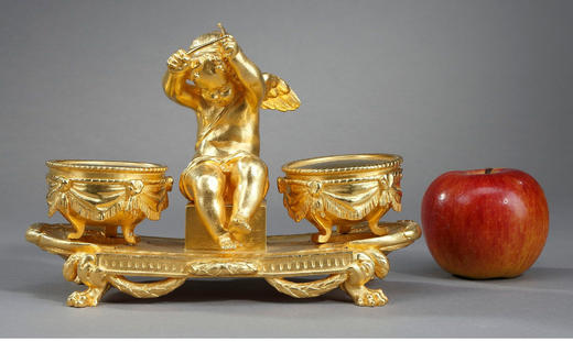 独角鹿西洋古董 19世纪法国出品路易十六风格铜鎏金雕饰小天使主题墨水台 商品图1