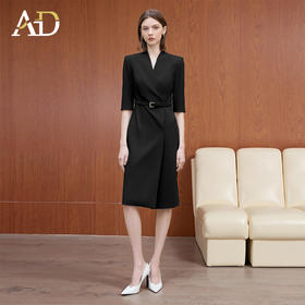 AD黑色工作服女七分袖连衣裙2025秋季新款防走光中长款无领西装裙
